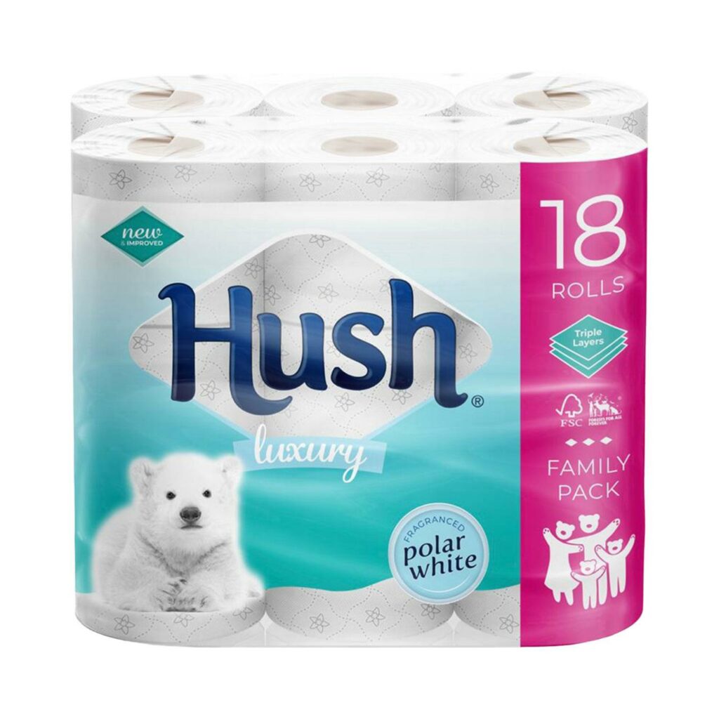 Hush White or Shea Butter Scented Core 3-Ply Luxury Bathroom Tissue, 18 Rolls