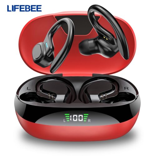 True Wireless Earbuds with Mic, TWS In-Ear Headphones with ENC Noise Cancelling Mic, Sport Earhook Headset, Stereo in Ear Headphones with LED Display Charing Case, Wireless Running Sports Earbuds Earhook