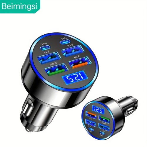 [Ultra-Fast Charger] 6 Ultra-Fast Mobile Phone Charger, 1 with Intelligent Voltage Detection Digital Display, Suitable for USB and Type-C, Car Charger Adapter, Car Charger