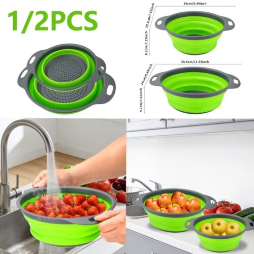 1/2 Set of Round Kitchen Draining Baskets, Foldable Funnel – Includes One Large And One Small, Perfect for Draining Pasta, Vegetables, And Fruits (Green, Red, Blue)