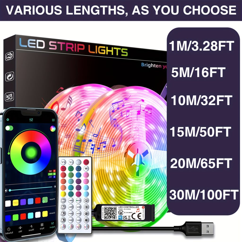 Smart RGB LED Strip Lights with App Control & Music Sync (30M)