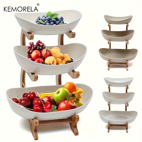 [KEMORELA Wooden Fruit Basket] KEMORELA 3-Tier Wooden Fruit and Vegetable Basket with Wooden Legs | Versatile Kitchen Organizer for Fruits, Vegetables, and Iced Food – Perfect for Refrigerator Storage, Fruit Basket for Kitchen