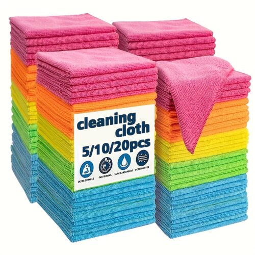[Microfiber Cloth Pack] 5/10/20pcs Microfiber Cleaning Cloth Pack – Multipurpose Towel for Home & Kitchen Use, Durable & Absorbent, Ideal for Living Room, Bedroom, Bathroom & Furniture, Effortlessly Removes Stains & Grease, Essential Cleaning Supplies