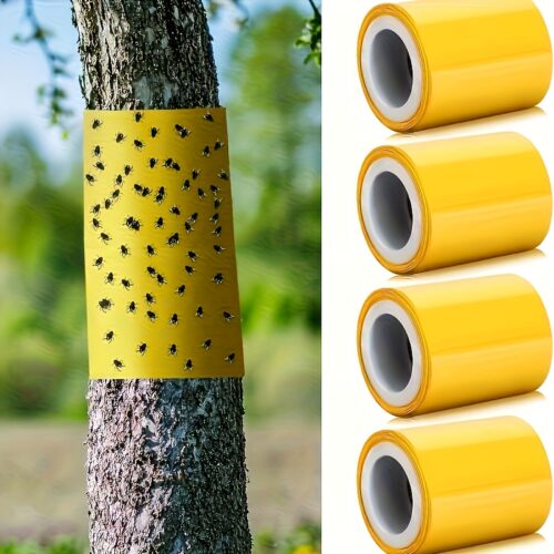 1 Roll Yellow Double-Sided Adhesive Insect Barrier Tape – Self-Adhesive Outdoor Bug Zapper Trap Suitable for Trees, Garden Pest Control, Whiteflies, Ants, Caterpillars – Application, Targeted Insect Trap