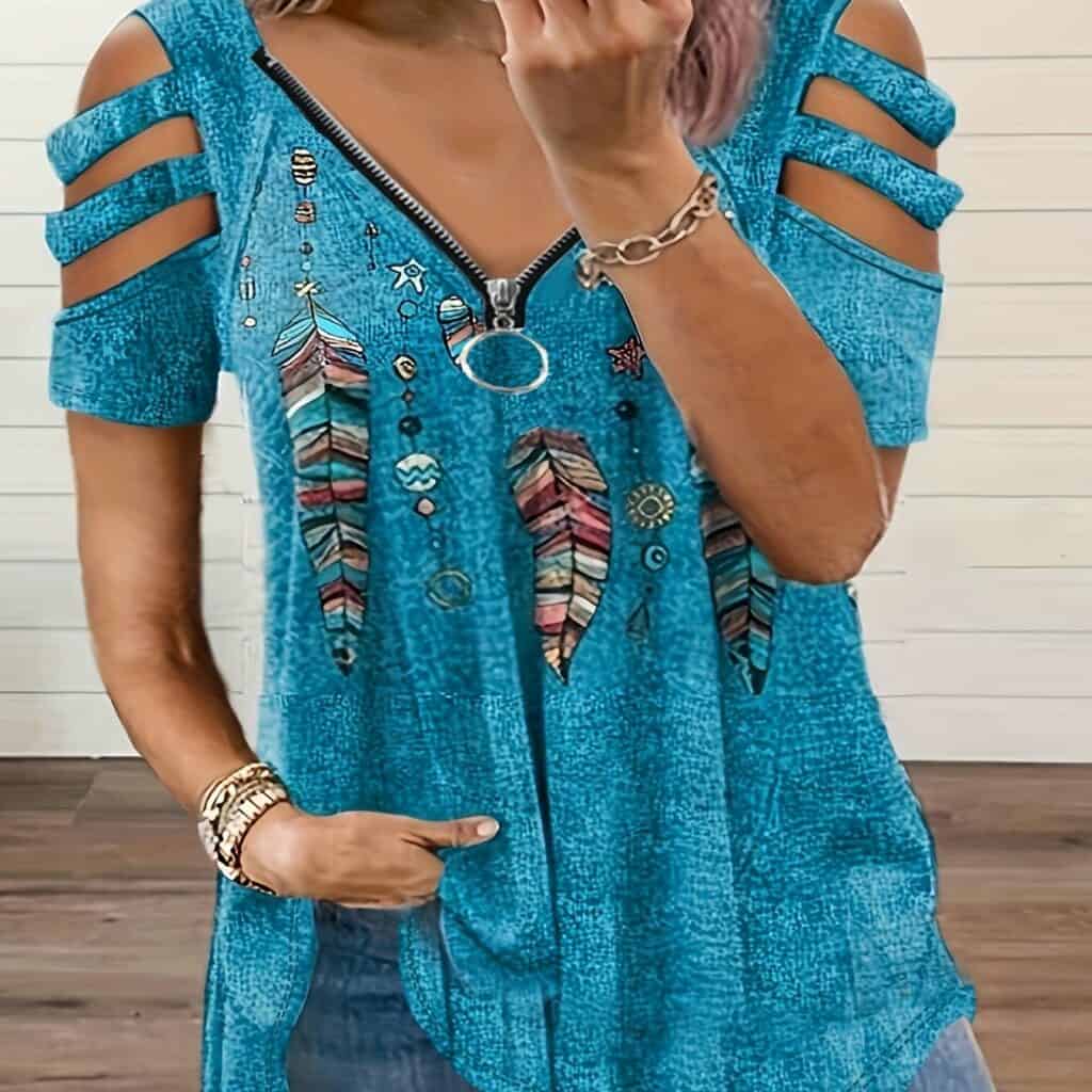 Women’s Plus Size V-Neck Zipper Printed T-Shirt