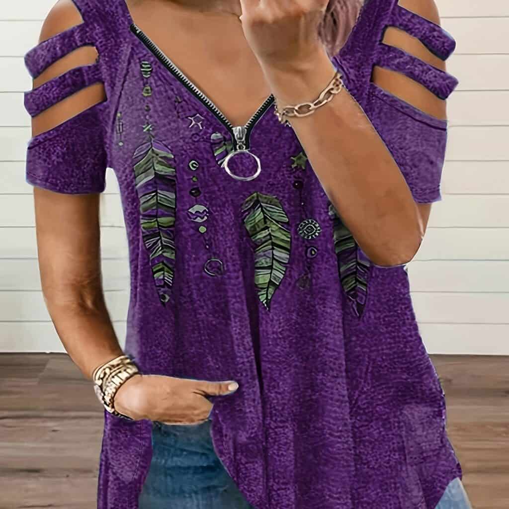 Women’s Plus Size V-Neck Zipper Printed T-Shirt
