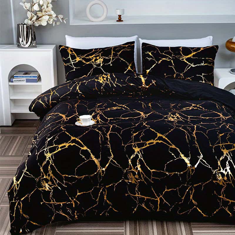 Gold Foil Duvet Cover Set Luxury Bedding 3pcs