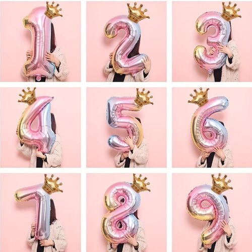 2pcs/Set, 1pc 81.28 cm Rainbow Number Foil Balloon with 1 Crown for New Year Birthday Party, Wedding Graduation Gift Party, Carnival, Anniversary Background Decoration, Rose Golden Number Foil Balloons