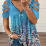 Women’s Plus Size V-Neck Zipper Printed T-Shirt