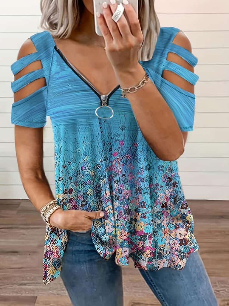 Women’s Plus Size V-Neck Zipper Printed T-Shirt