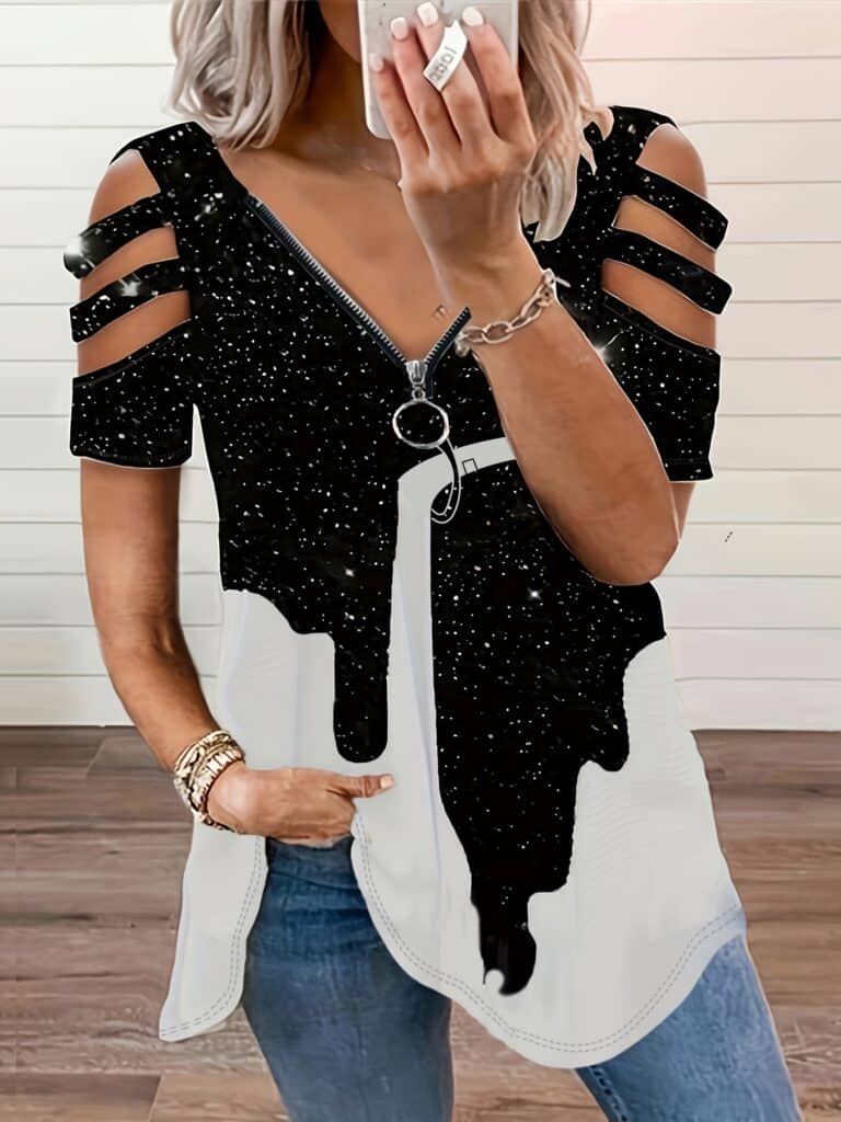 Women’s Plus Size V-Neck Zipper Printed T-Shirt