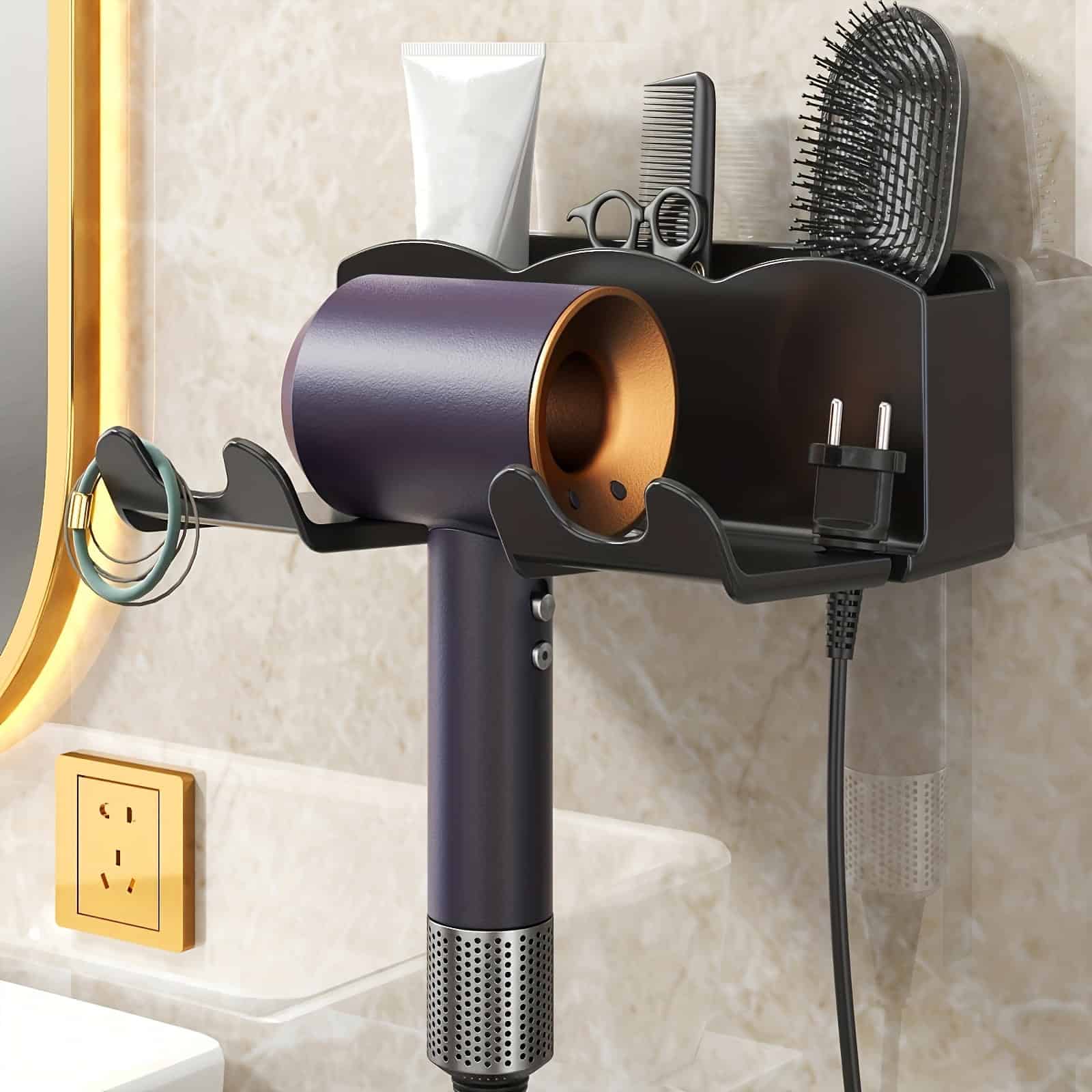 Wall Mounted Hair Dryer Holder No Drill Storage Rack