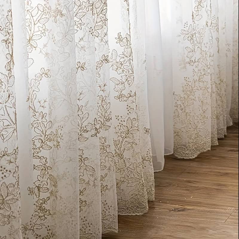 Sheer Curtain Gold Embroidery Voile Window Panel