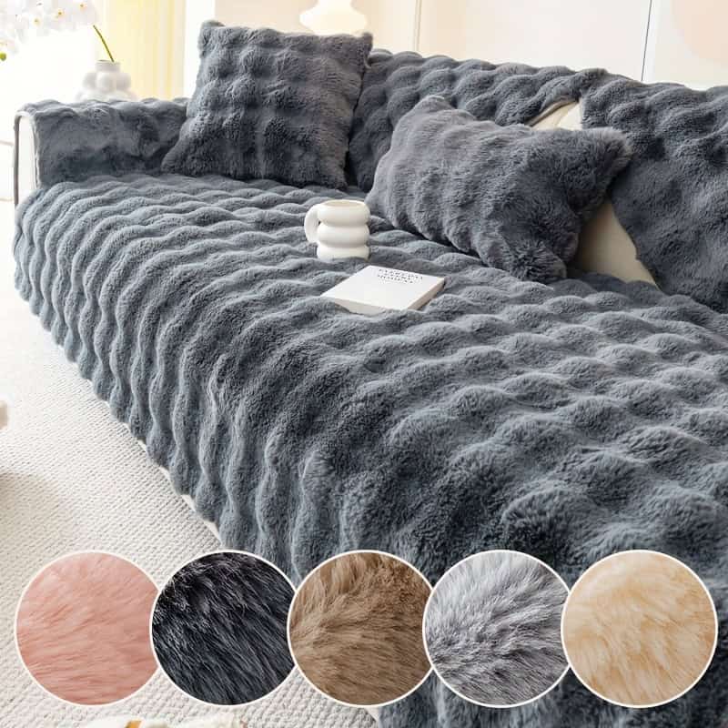 Plush Sofa Cushion Faux Rabbit Fur Soft Non Slip Cover