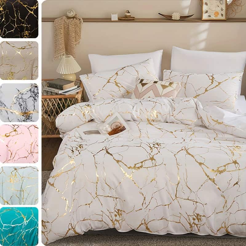 Gold Foil Duvet Cover Set Luxury Bedding 3pcs