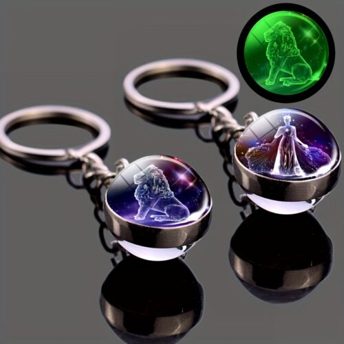 Glow-in-the-dark 12 Constellation Keychain Double-sided Convex Round Glass Ball Key Chain Outdoor Key Holder