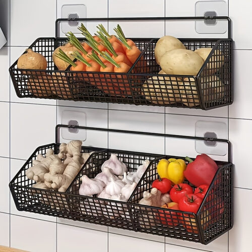 Wall-Mounted Multi-Functional Kitchen Organizer with Two Damage-Free Adhesive Pads – Durable Metal Vegetable, Garlic, and Onion Storage Basket – The Perfect Choice for Small Spaces