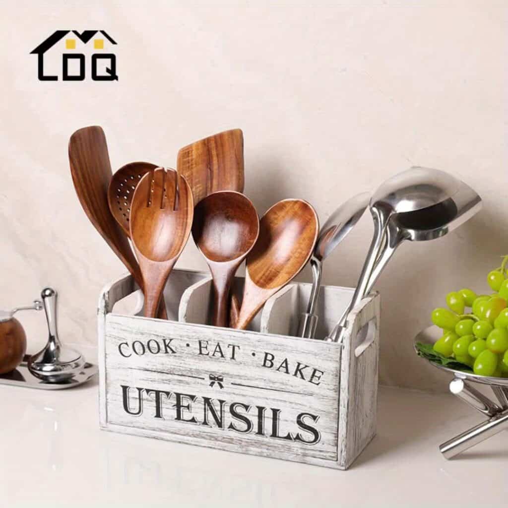 Rustic Wooden Kitchen Utensil Holder 3 Compartment