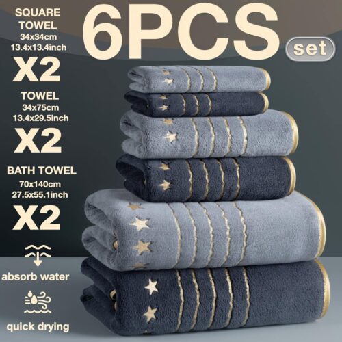 4/6-pack High-Quality Hand Towel & Bath Towel Set: 2 Bath Towels (69.85 X 139.95 cm), 2 Hand Towels (34.04 X 74.93 cm). Thickened Microfiber, Quick-drying, Highly Absorbent, and Lint-free. Soft and Skin-friendly, with Wavy Golden-thread Embroidery