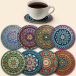 8PCS Wooden Mandala Coasters Set Table Drink Coasters