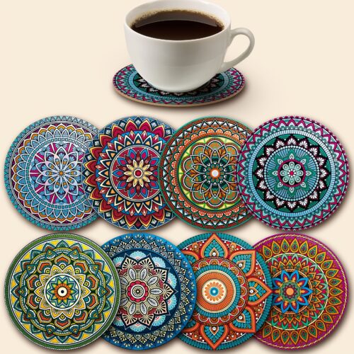 8pcs Wooden Mandala Coasters Set – Essential for Holiday Gatherings, Bars, Offices, Homes | 10cm x 10cm