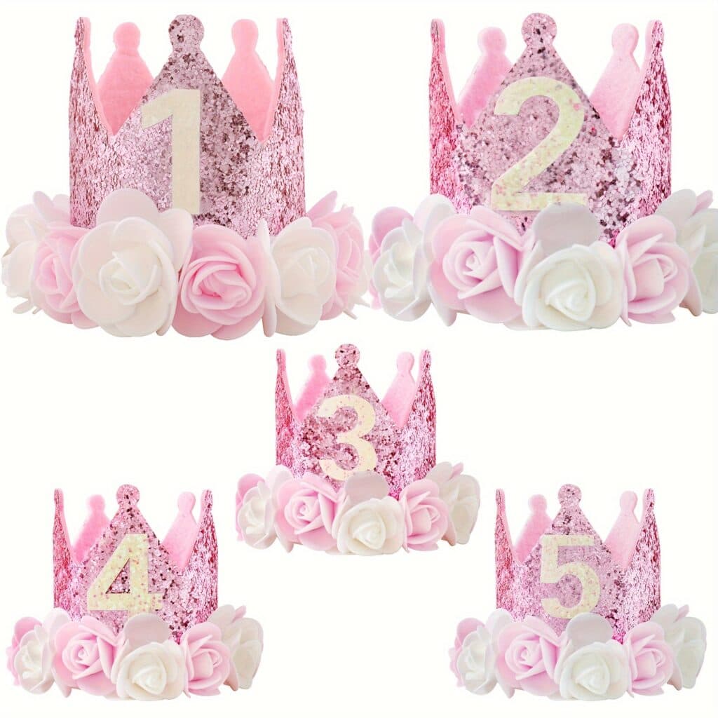 Kids Birthday Crown Hat Pink Floral Sequin Party Hat