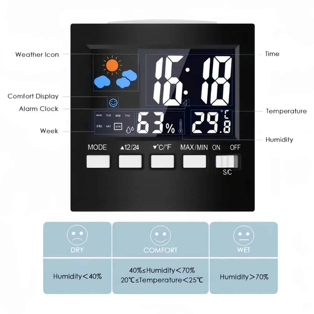 LCD Weather Station Indoor Thermometer Hygrometer Clock