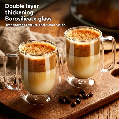 LDQ 2/4pcs High Borosilicate Double-Layer Glass Mugs, Transparent Heat-Insulated Water Cups with Handles, Large Capacity, Durable, Burn Prevention, Reusable for Coffee, Tea, Smoothies, Multipurpose for home Use, Hand Wash Only