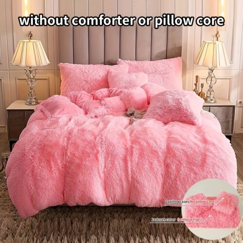 3pcs Multicolor Polyester Long-Hair Duvet Cover Set | Solid Color, Knitted, Zipper Closure, Plush Fabric, All-Season Comfort