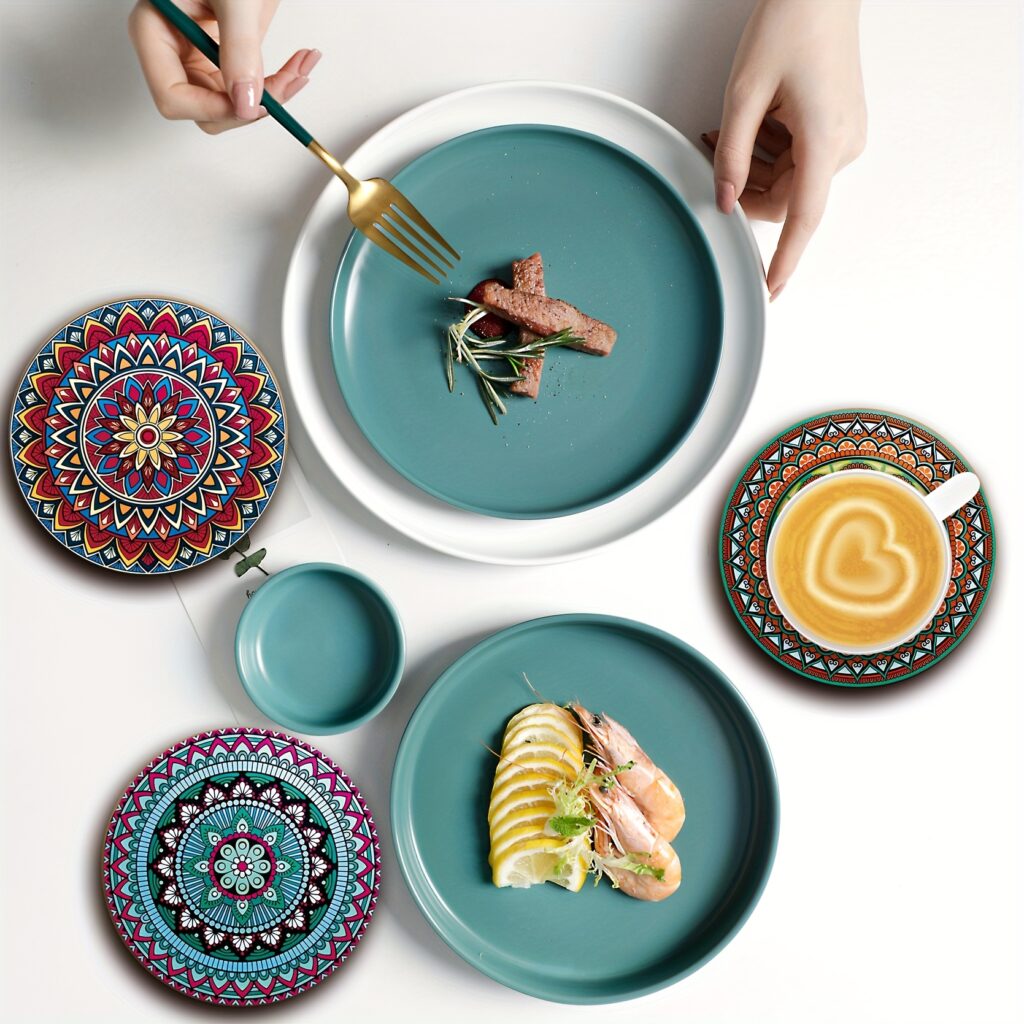 8PCS Wooden Mandala Coasters Set Table Drink Coasters