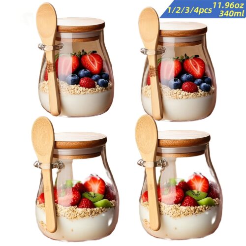11.96oz Glass Cups, Overnight Oatmeal Cup Set 1/2/3/4pcs, Mason Jar Salad Bowls for Meal Prep,Salad Bowls, Oatmeal Jars, Oatmeal Cups, Meal Prep Containers with Lids and Spoons, Glass Jars Chia Seeds, Puddings, Yogurt