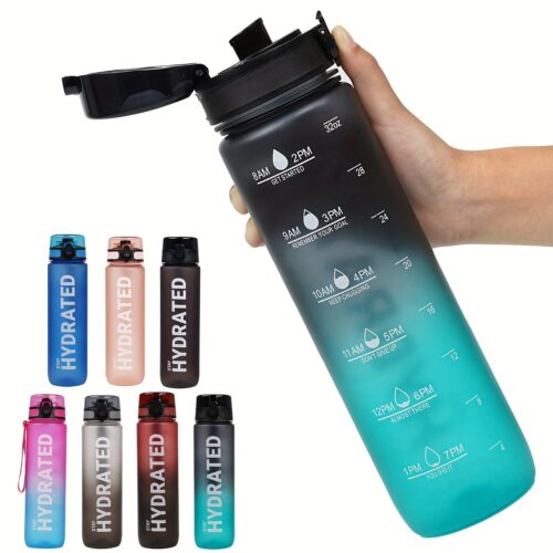 Inspiration Sports Water Bottle, 32 Ounces (Approximately 1000 Milliliters), with Time Markers for Drinking Schedule – Wide Mouth, Leak-Proof, And Includes a Carrying Strap (1 Bottle)