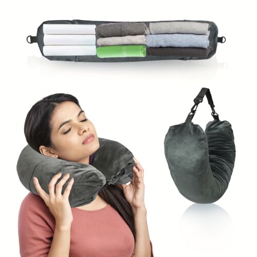 Large Capacity Travel Pillow and Organizer – Light Gray Polyester, Zipper Closure, Machine Washable, Perfect for Neatly Storing Your Pillows and Small Items During Travel, Pillow Travel Case