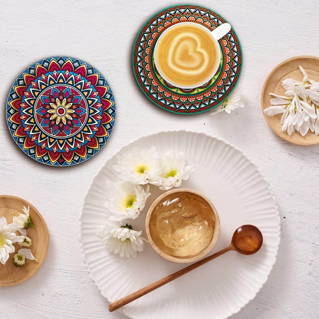 8PCS Wooden Mandala Coasters Set Table Drink Coasters