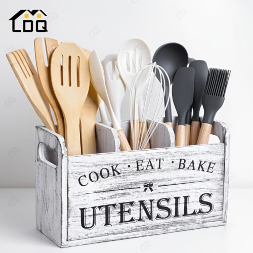 1pc LDQ Rustic Wooden Kitchen Utensil Holder – 3-Compartment Countertop & Wall-Mounted Organizer for Forks, Spoons, Whisks & More – Space-Saving Multi-Use Storage for Kitchen & Pantry, Perfect for Christmas & Halloween Decor, Kitchen Organizers And
