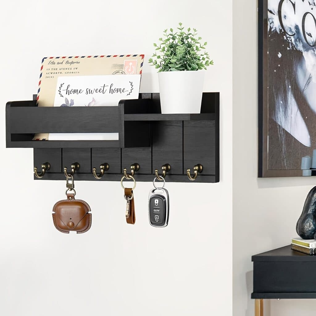Rustic Wooden Key Holder Wall Organizer with Mail Tray