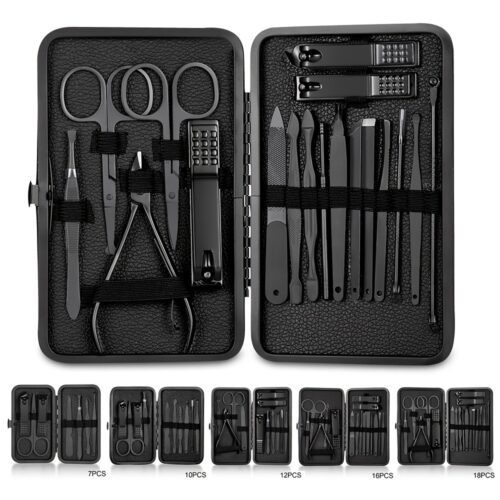 7-18pcs Classic Black Manicure Set for Hands, Feet & Face Care Stainless Steel Accessories