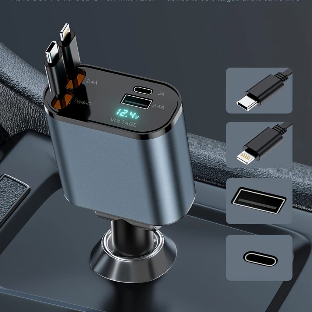 120W Retractable Car Charger 4-in-1 Fast Charging