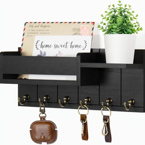 Rustic Wooden Wall-Mounted Key Holder with Mail Organizer Tray | Painted End, Space-Saving Design, Suitable for Entryway, Kitchen, Living Room, Bathroom