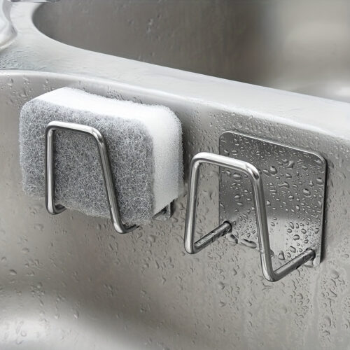 1pc Stainless Steel Sponge Holder for Kitchen Sink – No-Drill, Wall Mount Design with Dual Hooks, Ideal for Sponges & Small Tools, Keeps Surfaces Clean, Sponges for Washing Dishes