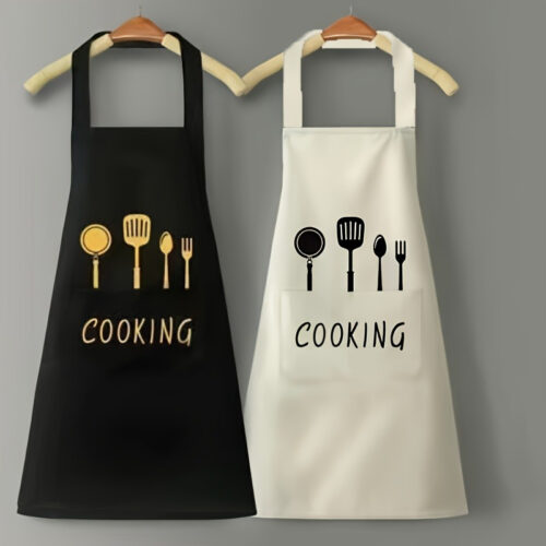 1pc Polyester Cooking Apron with Pockets, Hand Washable, Design, Ideal for Kitchen And Restaurant Use, Available in Black Or White with Chef Hat And Utensil Illustrations