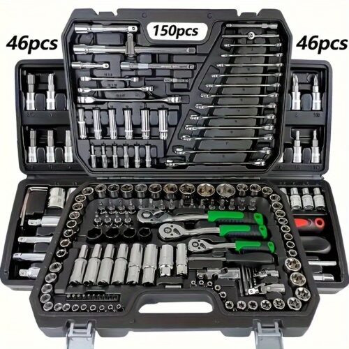 46/150pcs Automotive Repair Tool Kit, Versatile Set Including Sockets, Wrenches, And Ratchets, Sturdy Metal Tool Box with Storage Compartment