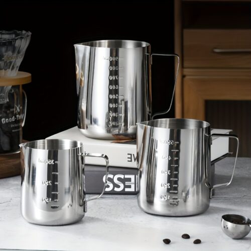 Stainless Steel Milk Frothing Pitcher with Measurement Markings – Ideal for Latte Art And Coffee Decoration, Perfect for Both Home And Commercial Use