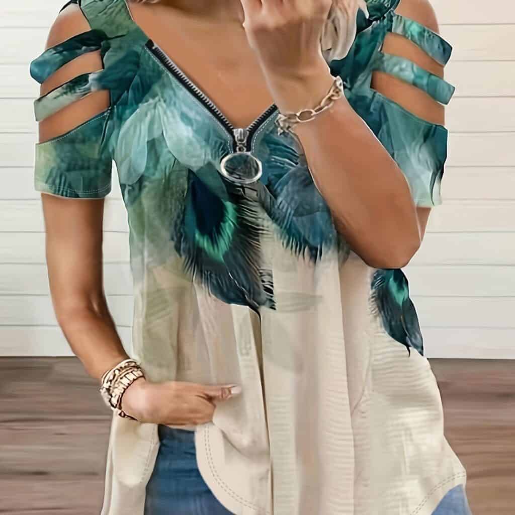 Women’s Plus Size V-Neck Zipper Printed T-Shirt