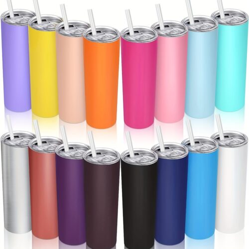20oz skinny tumbler stainless steel double wall vacuum insulated slim cup with lid straw