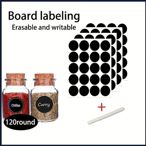 60/120pcs Waterproof and Oil-proof Spice Label Stickers with White Pen – Black Round Seasoning Bottle Stickers for Kitchen Accessories
