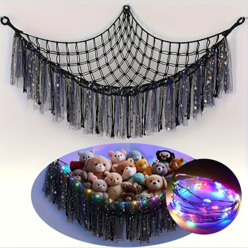 59-inch LED Light-Up Stuffed Animal Hammock Net with Colorful Tassels – Battery-Powered Hanging Storage for Nursery, Youngsters Bedroom Decor (AA Batteries Not Included), Hammock for Stuffed Animals, Batteryoperated Lights, Decorative Tassels