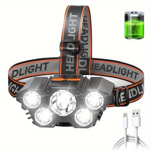 1pc 5 LED Ultra Bright Emergency Light with USB Charging, 14500 Battery, Portable ABS Headlamp Suitable for Camping, Hiking, Fishing, Repairing, etc. Scenes. Power Indicator and SOS Light, Matte Finish, Black and Orange Design, Combines Brightness, Portability, and Multifunctionality, Practical Tool for Outdoor Activities, Night Work, and Emergency Lighting