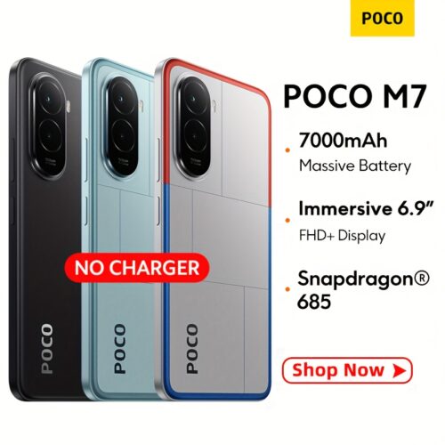 POCO M7 Smartphone Global Edition with Snapdragon® 685 4G Mobile Platform, Featuring a Resolution of 2340 × 1080, a 50MP Main Camera, an 8MP Front Camera, And a 7000Mah (Typ) Battery. Note: Charger Not Included. Runs on Xiaomi Hyperos 2