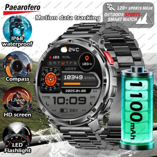 2025 Men’s Smartwatch, 1.7-inch HD Display, 1100mAh Large Battery, 90-Day Standby Time, Outdoor Compass, Wireless Calling, LED Flashlight, 200+ Watch Faces, Voice Assistant, Men’s Watch, 120+ Sports Modes, Fitness Tracker Watch, Christmas